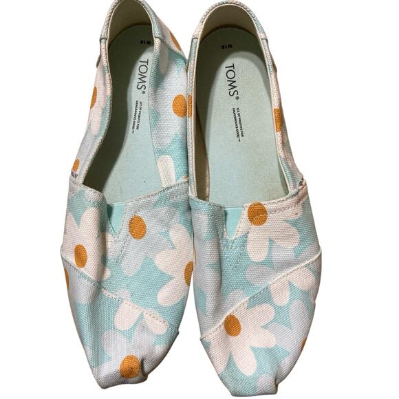 TOMS Shoes Woman Sz 10 Alpargata Blue Retro Floral White Daisy Slip On Flats - Picture 1 of 8